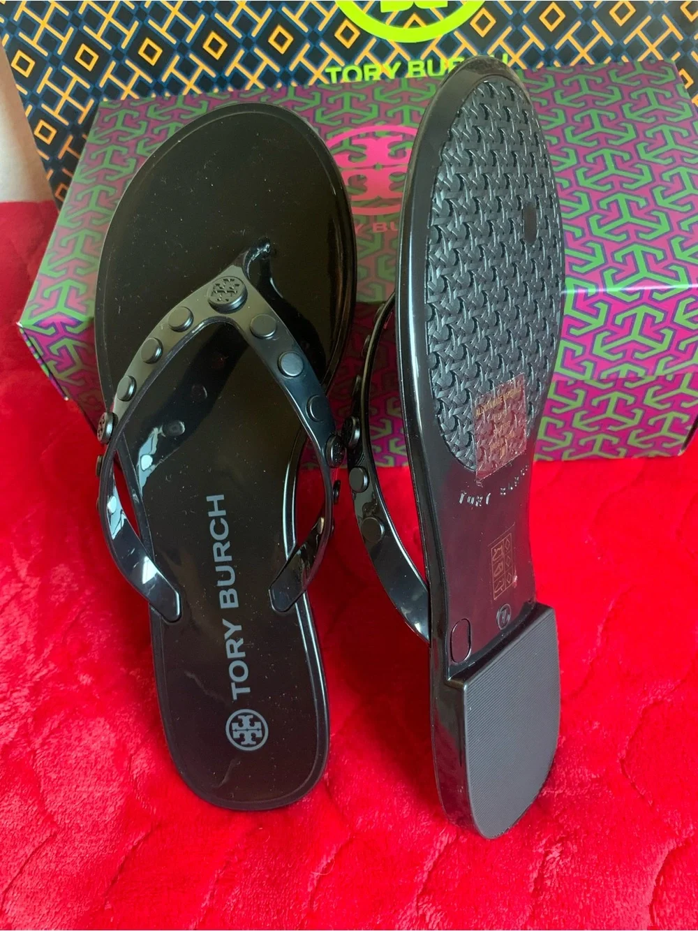 Tory Burch Black Patent Logo Jelly Flip Sandals